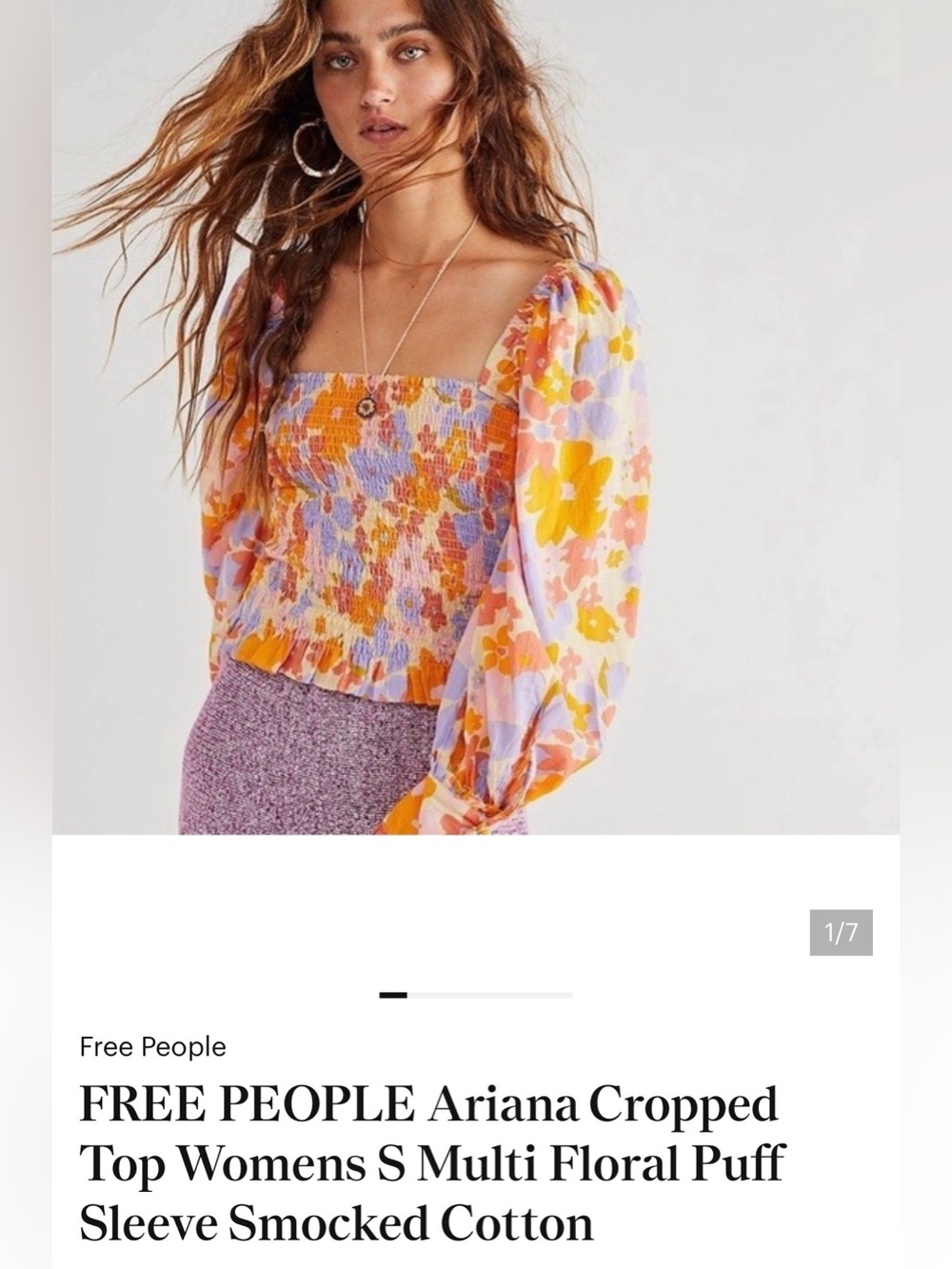 Free People Floral Smocked Puff Sleeve Crop Top - Yellow, Lavender, Orange